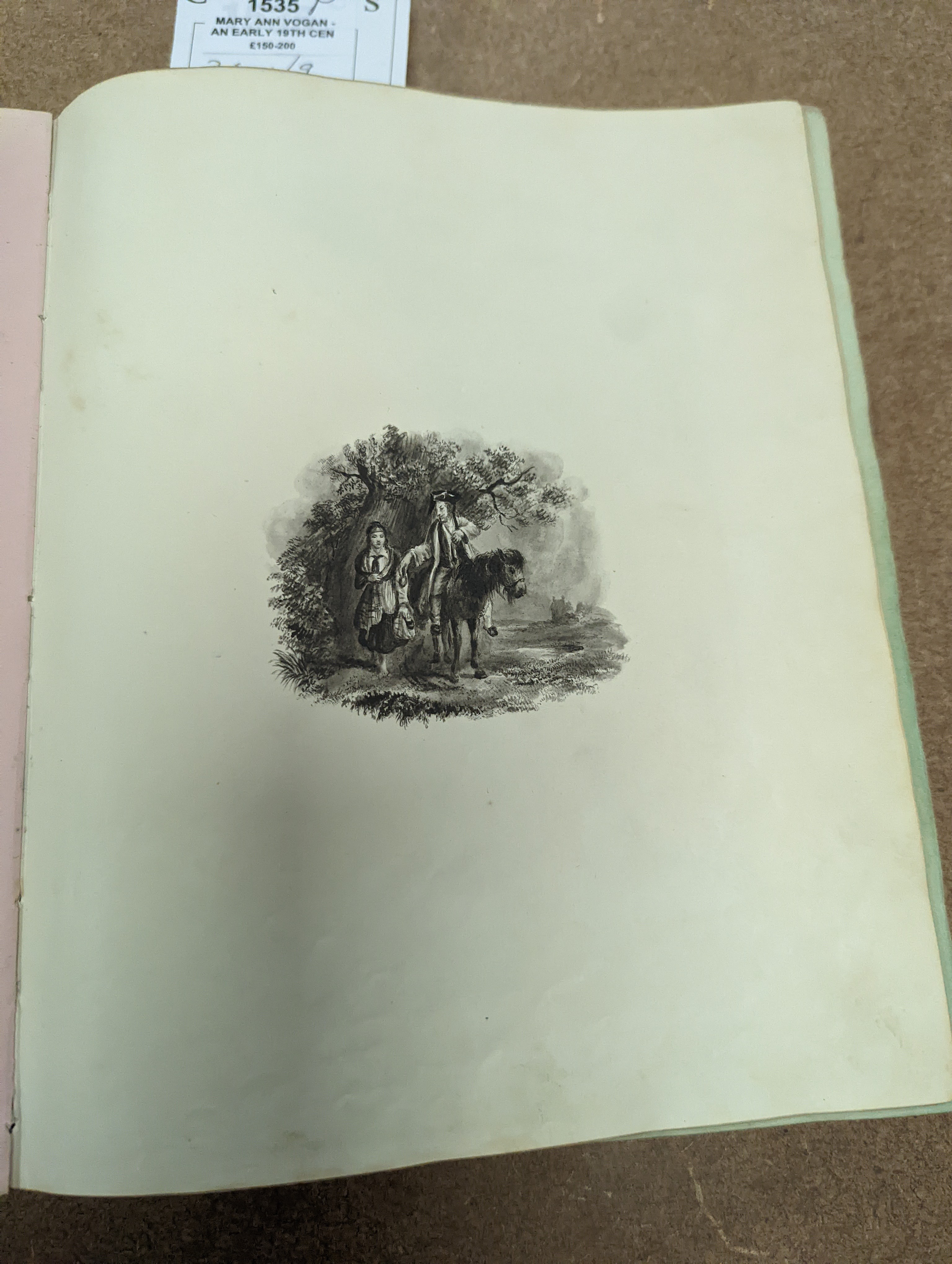 Mary Ann Vogan - an early 19th century album of 60 watercolours, pencil and ink drawings and engravings, including portraits, botanical specimens, land and seascapes, including 3 by R.C. Vogan, the front fly leaf inscrib